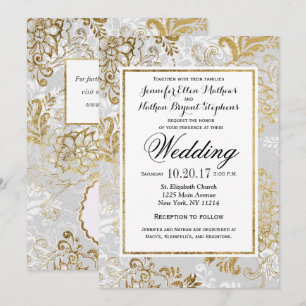 Elegant Gold Silver and Grey Floral Wedding Invitation