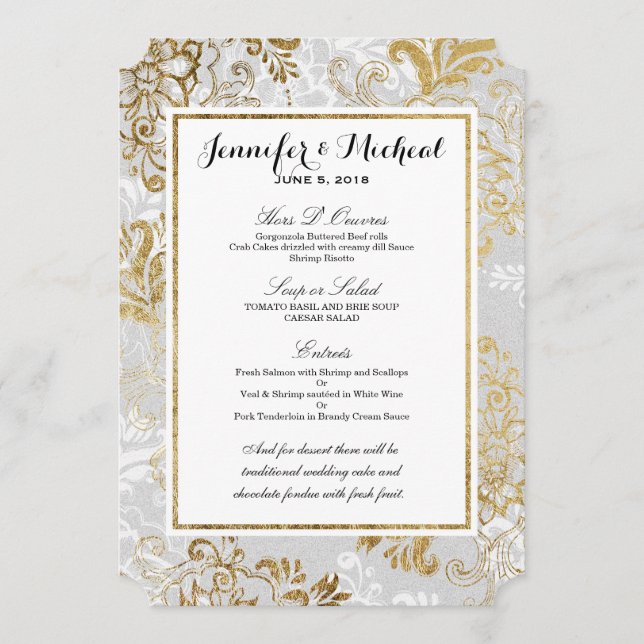 Elegant Gold Silver and Grey Floral Wedding Menu (Front)