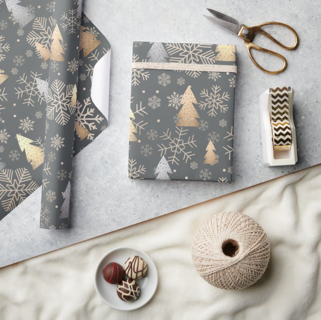 Elegant Gold & Silver Christmas Tree Snowflakes Wrapping Paper (Crafts)