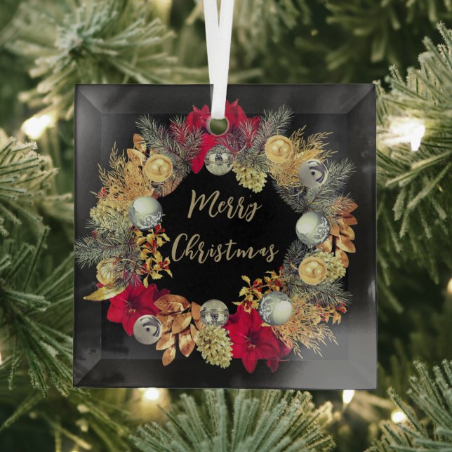 Elegant Gold Silver Christmas Wreath on Glass  Glass Ornament (Insitu)