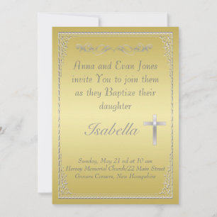 Elegant Gold&Silver damask silver Cross Baptism  Invitation