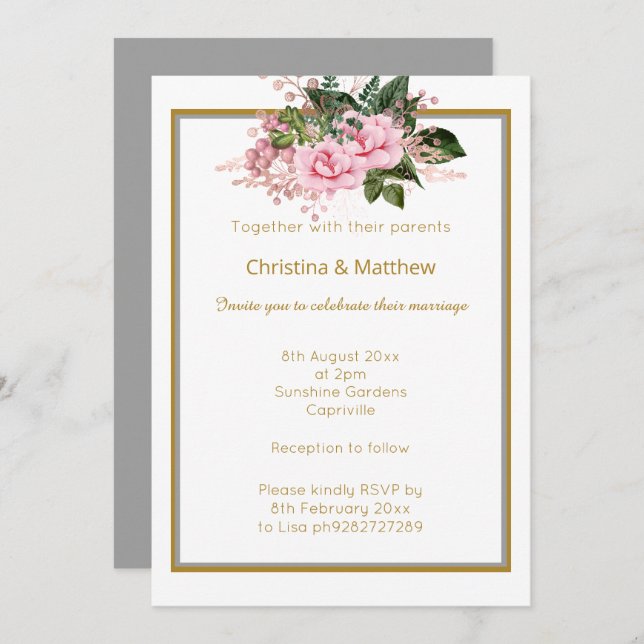 ELEGANT GOLD SILVER FLORAL WEDDING INVITATION (Front/Back)