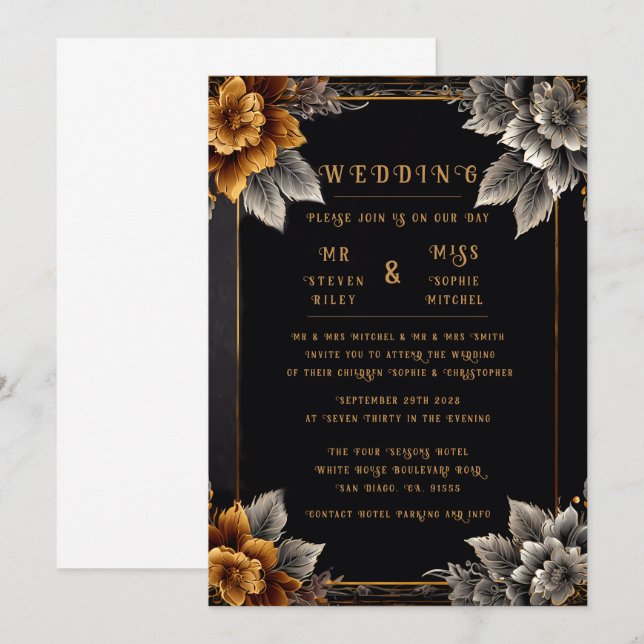 Elegant Gold & Silver Floral Wedding Invitations (Front/Back)