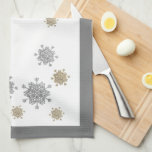 Elegant Gold & Silver Snowflakes Christmas Kitchen Towel<br><div class="desc">Kitchen towel with elegant sparkly silver glitter snowflakes on winter white background,  trimmed in silver grey.</div>