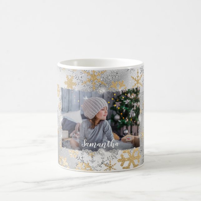 Elegant gold & silver snowflakes custom photo coffee mug (Center)