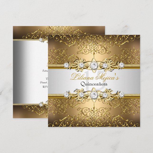 Elegant Gold Silver Swirl Damask Quinceanera Invitation (Front/Back)
