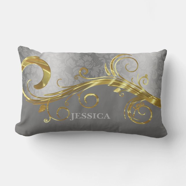 Elegant Gold & Silver Swirls With Grey Background Lumbar Pillow (Front)