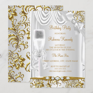 Elegant Gold Silver White Silk Champagne Birthday Invitation