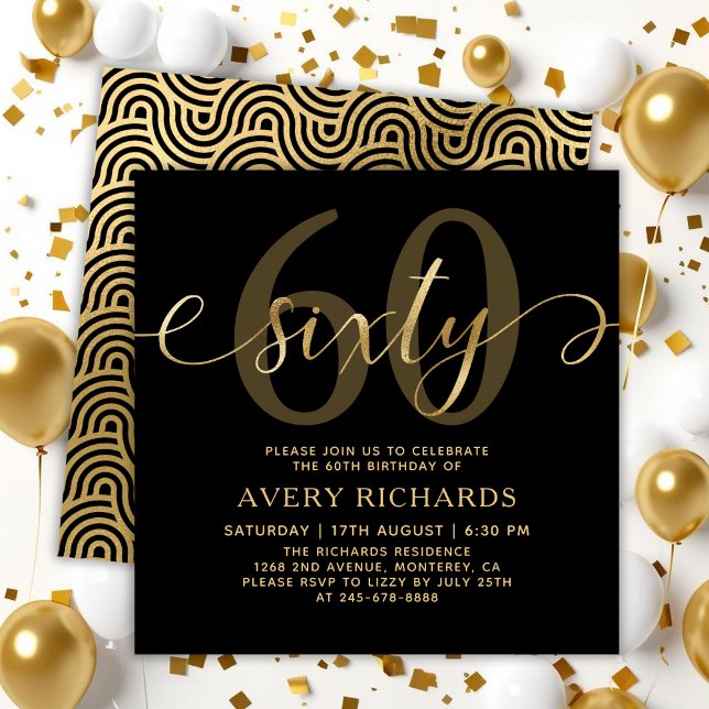 Elegant Gold Sixty Script Black 60th Birthday Invitation (Creator Uploaded)