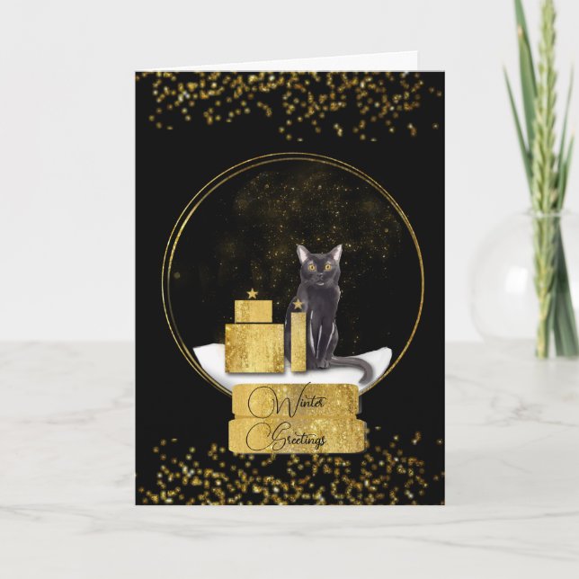 Elegant Gold Snow Globe with a Cat Christmas Card (Front)