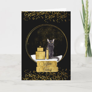 Elegant Gold Snow Globe with a Cat Christmas Card