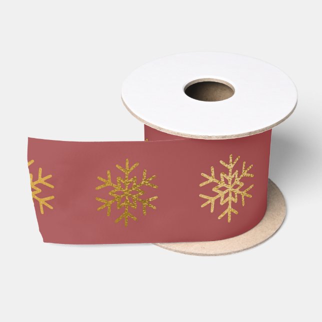 Elegant Gold Snowflake Christmas Holiday Burgundy Satin Ribbon (Spool)