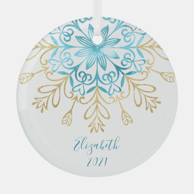 Elegant Gold Snowflake Friendship Name Monogrammed Glass Ornament (Front)