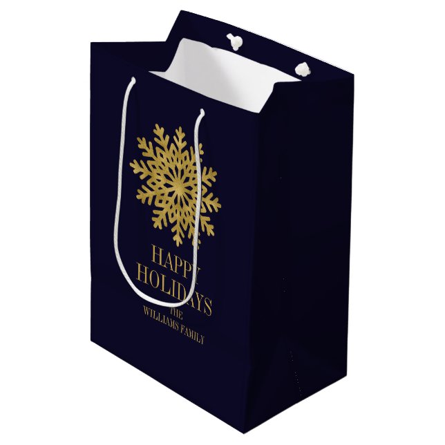 Elegant Gold Snowflake Holiday Gift Bag (Front Angled)