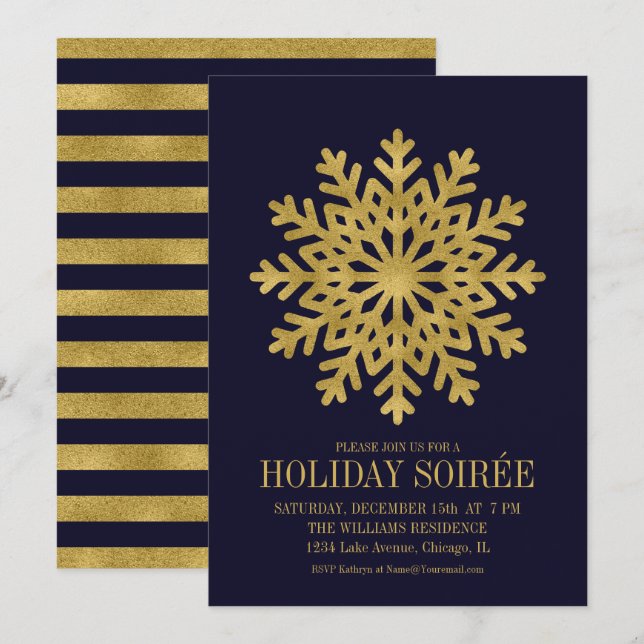 Elegant Gold Snowflake Holiday Party Card (Front/Back)