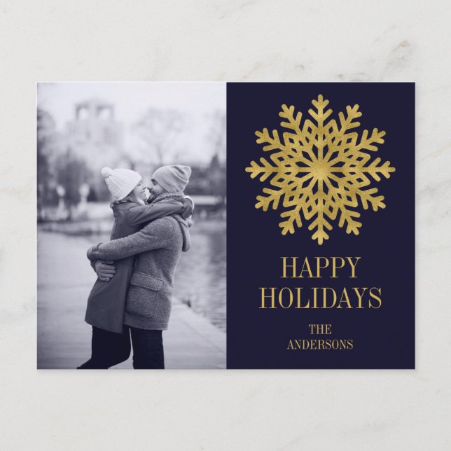 Elegant Gold Snowflake Holiday Photo Postcard (Front)
