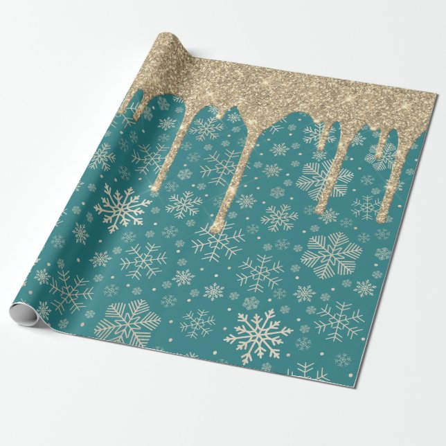 Elegant Gold Snowflake Pattern Dripping Glitter Wrapping Paper (Unrolled)