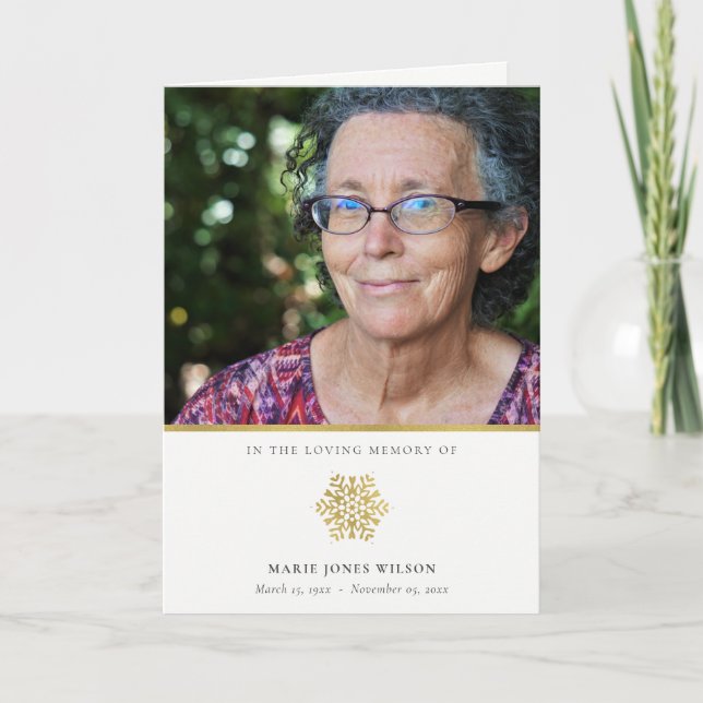 Elegant Gold Snowflake Photo Sympathy Memorial Thank You Card (Front)