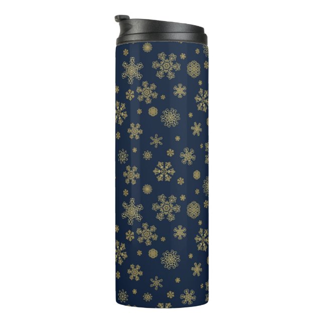 Elegant Gold Snowflake Winter Pattern Thermal Tumbler (Rotated Right)