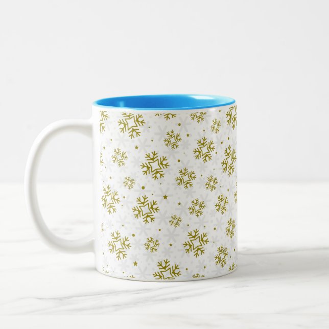 Elegant Gold Snowflake Winter Pattern Two-Tone Coffee Mug (Left)