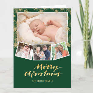 Elegant Gold Snowflakes Chic Script Modern Green Holiday Card