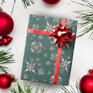Elegant Gold Snowflakes Green Holiday Wrapping Paper