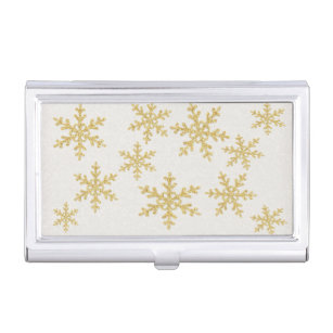 Elegant Gold Snowflakes On White Glittery Business Card Holder