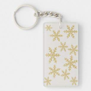 Elegant Gold Snowflakes On White Glittery Keychain