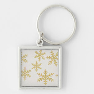 Elegant Gold Snowflakes On White Glittery Keychain