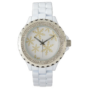 Elegant Gold Snowflakes On White Glittery Watch