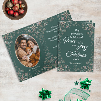 Elegant Gold Snowflakes Peace Joy Green Photo Holiday Card