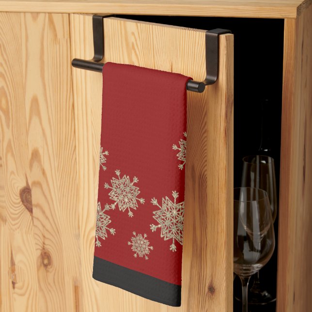 Elegant Gold Snowflakes Red & Black Christmas Kitchen Towel (Thirds Fold)