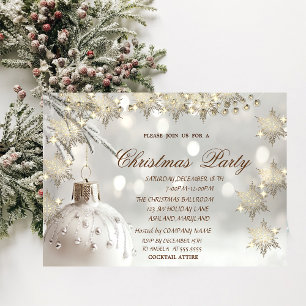 Elegant Gold Snowflakes,White Ball Christmas Party Invitation