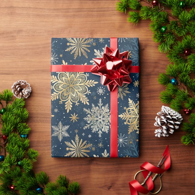 Elegant Gold Snowflakes Winter Blue Christmas Wrapping Paper (Holiday Gift)