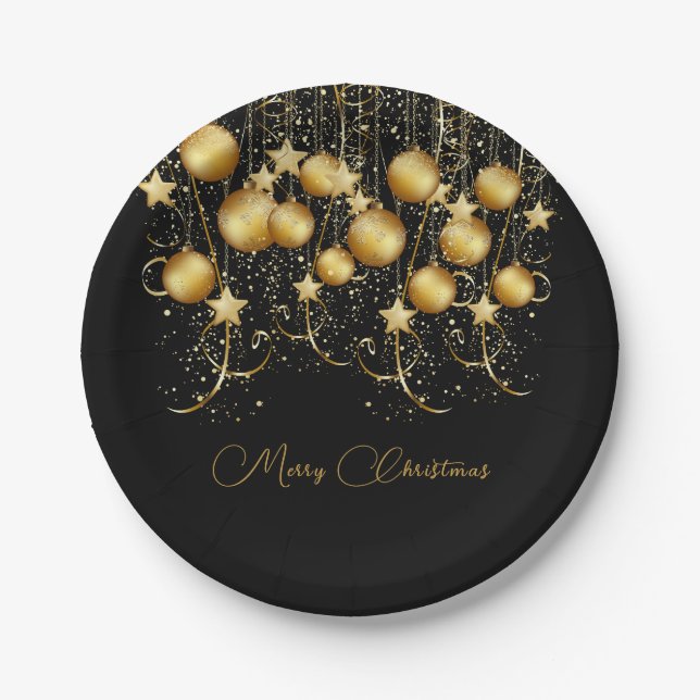 Elegant Gold Sparkle Christmas Party Bauble Paper Plate (Front)