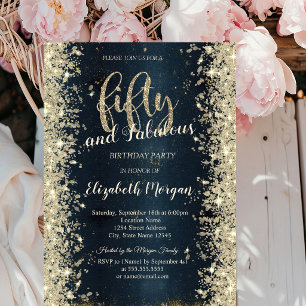 Elegant Gold Sparkle Dark Blue 50th Birthday Invitation