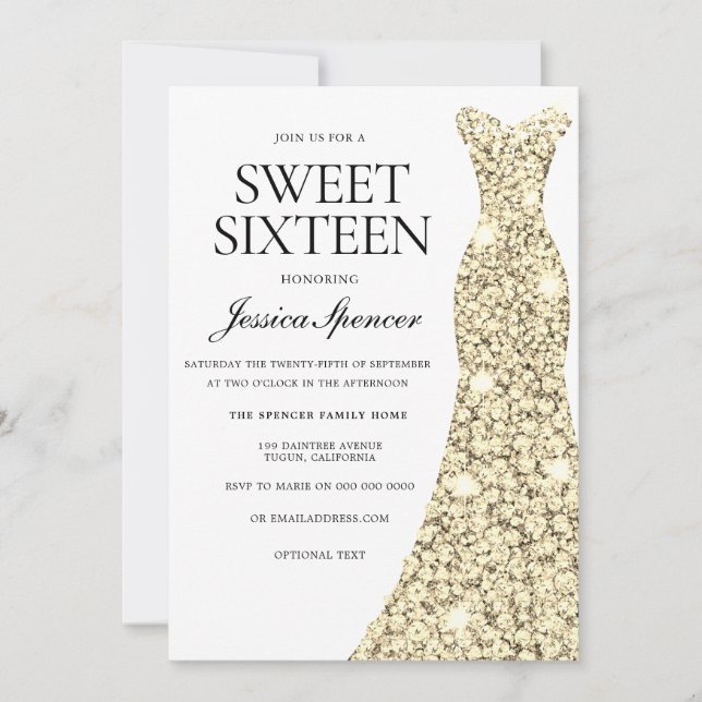Elegant Gold Sparkle Dress Sweet 16 Invite (Front)