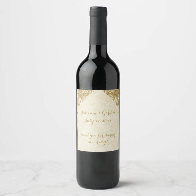Elegant Gold Sparkle Roses Ivory Wine Label (Front)