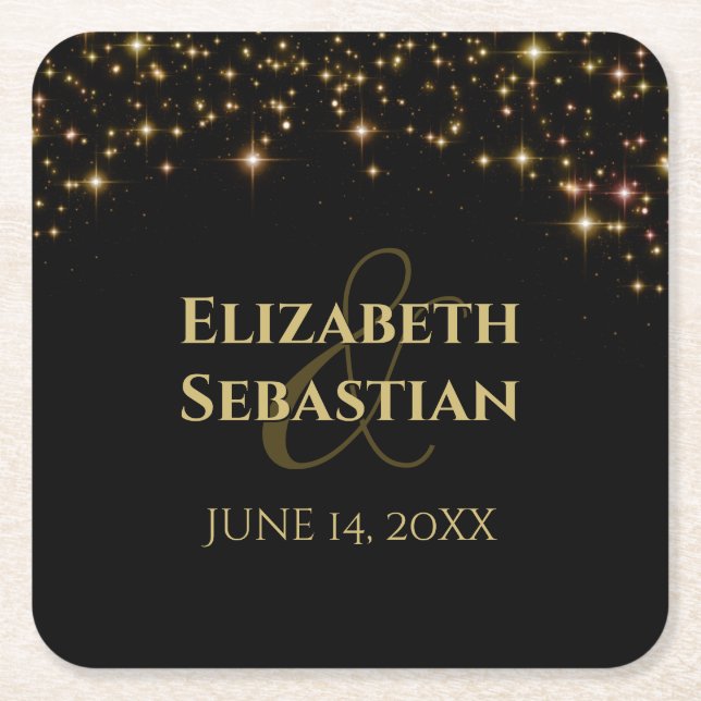 Elegant Gold Sparkle Stars on Black Simple Wedding Square Paper Coaster (Front)
