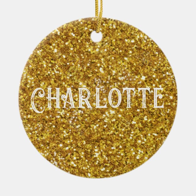 Elegant gold sparkles glitter personalize ceramic ornament (Front)