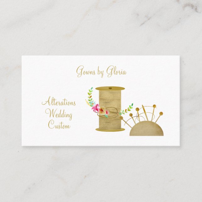 Elegant Gold Spool and Pincushion Seamstress  Business Card (Front)