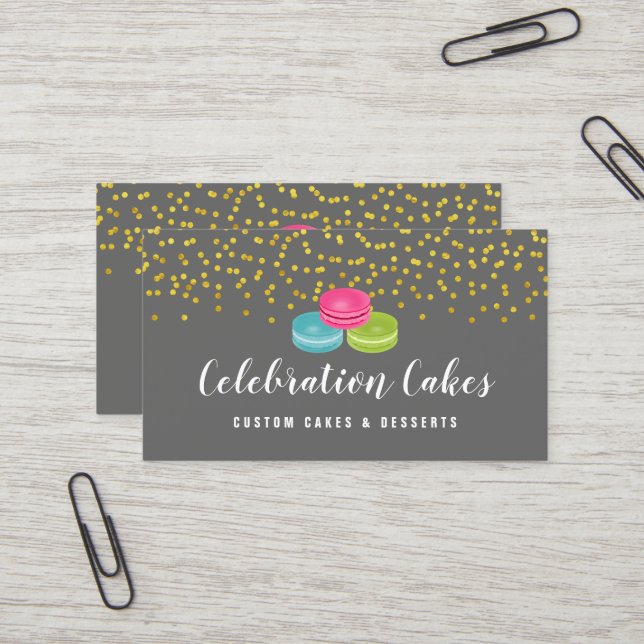Elegant Gold Sprinkles Macaron Bakery Business Card (Front/Back In Situ)