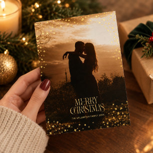 Elegant Gold Star Romantic Couple Christmas Photo Foil Holiday Card