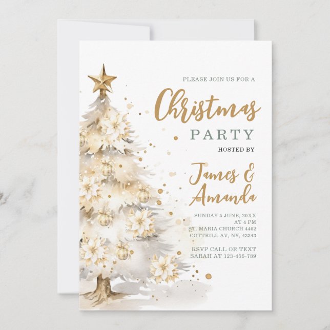 Elegant Gold Star White Christmas Tree Party Invitation (Front)