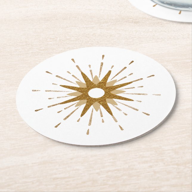 Elegant Gold Starburst Round Paper Coaster (Angled)