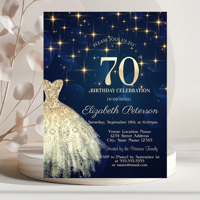 Elegant Gold Stars Dress Navy Blue 70th Birthday Invitation (Creator Uploaded)