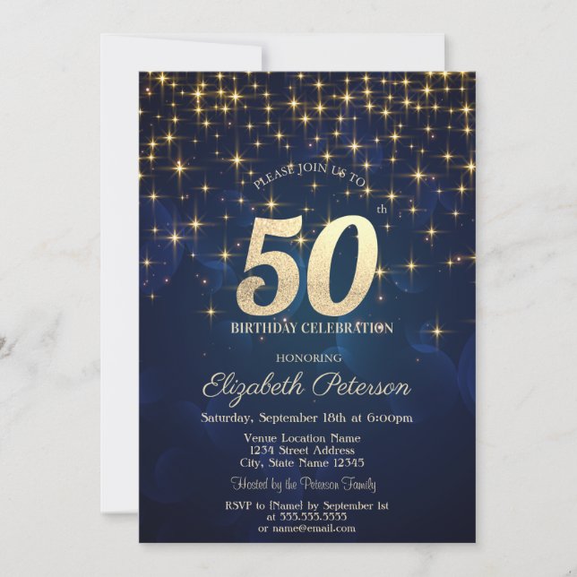 Elegant Gold Stars  Navy Blue 50th Birthday Party Invitation (Front)