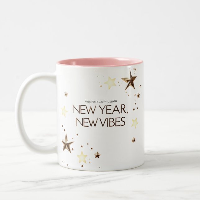 Elegant Gold Stars "New Year, New Vibes Two-Tone Coffee Mug (Left)