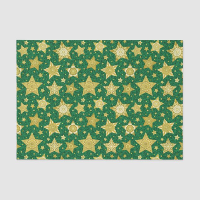 Elegant Gold Stars  on Green Damask Tissue Paper (Front)