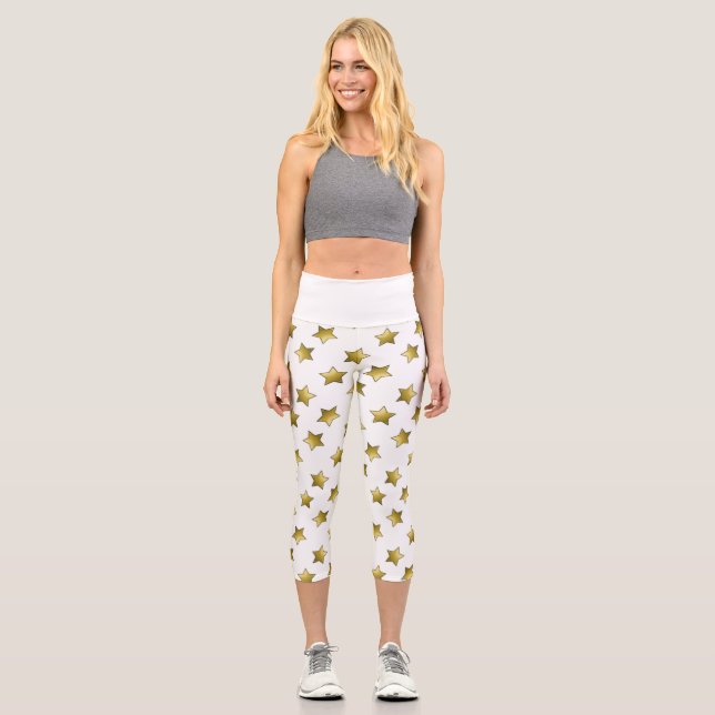 Elegant gold stars white pattern capri leggings (Front)
